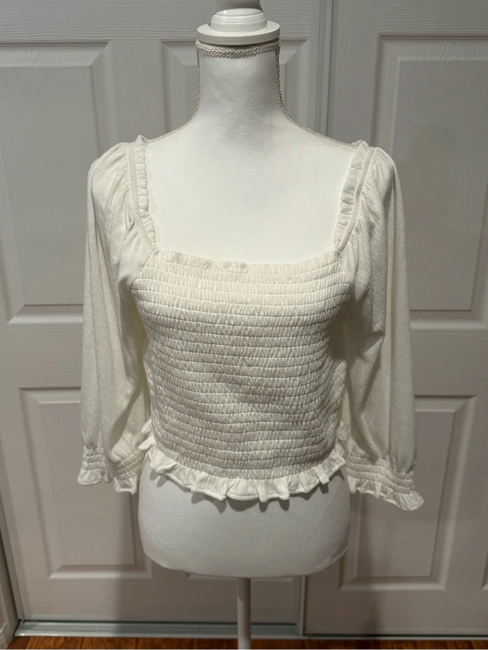Free People Cream Smocked Square-Neck Ruffle Blouse